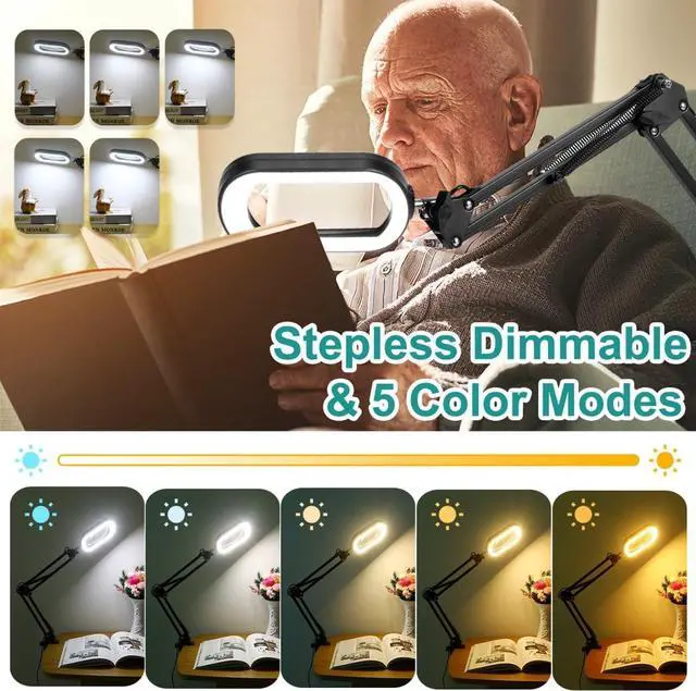 Alt view image 3 of 7 - 10X Rectangle Magnifying Glass with Light, 5 Color Modes Stepless Dimmable Magnifier with Stand, LED Lighted Clamp Desk Lamp with Swing Arm, Hands Free for Reading Painting Crafts Close Work