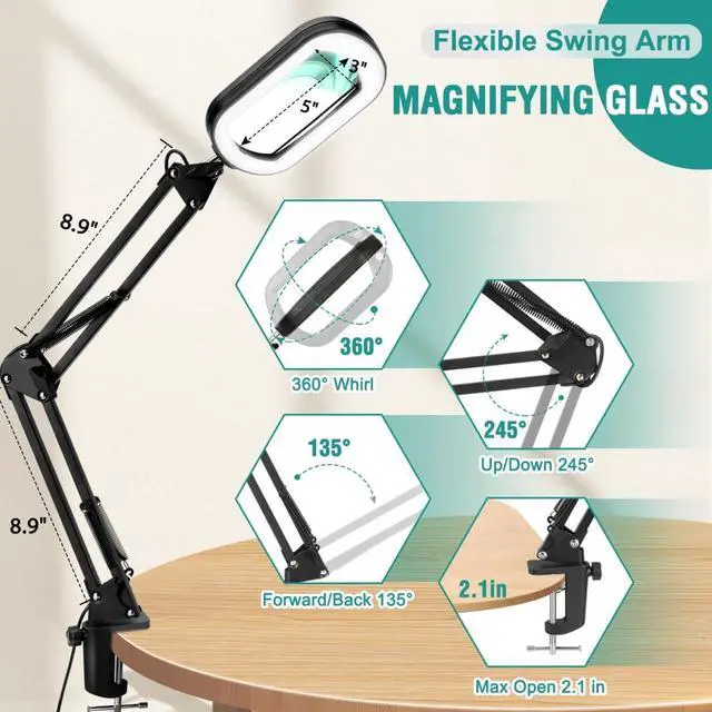 Alt view image 6 of 7 - 10X Rectangle Magnifying Glass with Light, 5 Color Modes Stepless Dimmable Magnifier with Stand, LED Lighted Clamp Desk Lamp with Swing Arm, Hands Free for Reading Painting Crafts Close Work