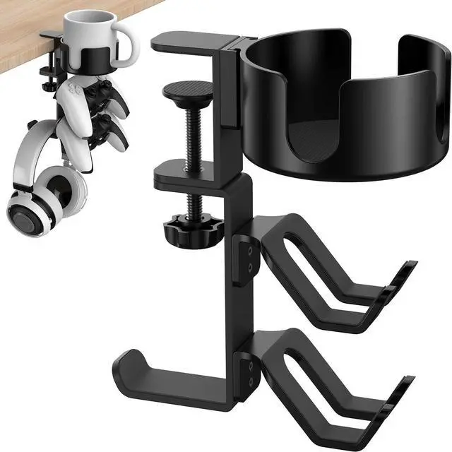 Main image of 4 in 1 Desk Cup Holder with Headphone Hanger and Controller Stand Gaming Accessories, Universal Adjustable & Rotating Upgraded Arm Clamp for Coffee Mugs, Water Bottles, Headphones, Controller.