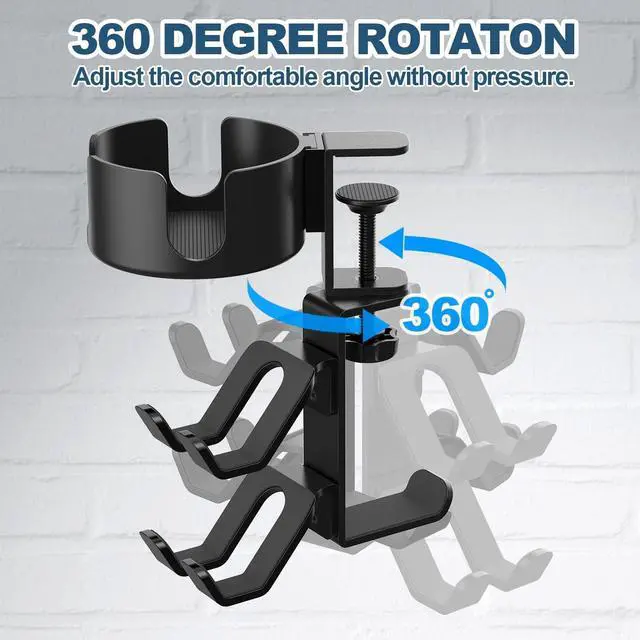 Alt view image 2 of 7 - 4 in 1 Desk Cup Holder with Headphone Hanger and Controller Stand Gaming Accessories, Universal Adjustable & Rotating Upgraded Arm Clamp for Coffee Mugs, Water Bottles, Headphones, Controller.