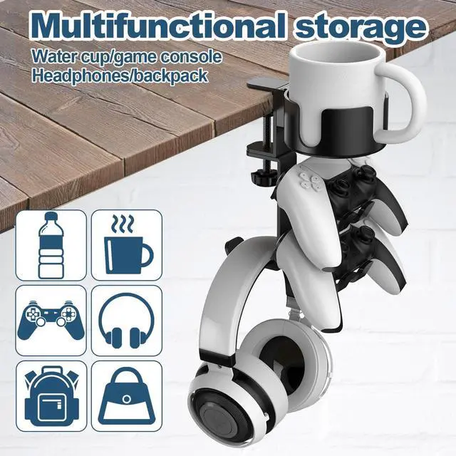 Alt view image 3 of 7 - 4 in 1 Desk Cup Holder with Headphone Hanger and Controller Stand Gaming Accessories, Universal Adjustable & Rotating Upgraded Arm Clamp for Coffee Mugs, Water Bottles, Headphones, Controller.