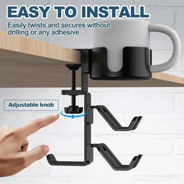 Alt view image 4 of 7 - 4 in 1 Desk Cup Holder with Headphone Hanger and Controller Stand Gaming Accessories, Universal Adjustable & Rotating Upgraded Arm Clamp for Coffee Mugs, Water Bottles, Headphones, Controller.