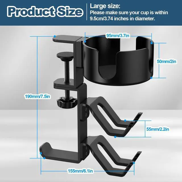 Alt view image 7 of 7 - 4 in 1 Desk Cup Holder with Headphone Hanger and Controller Stand Gaming Accessories, Universal Adjustable & Rotating Upgraded Arm Clamp for Coffee Mugs, Water Bottles, Headphones, Controller.