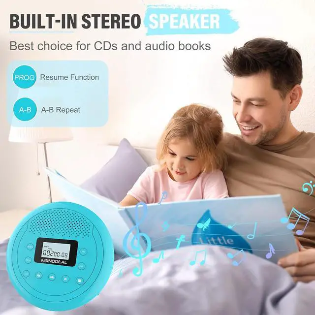 Alt view image 2 of 7 - Monodeal Portable Rechargeable CD Player | Built-in Speaker, Walkman for Car & Home, Kids, Anti-Skip with Headphones (Cyan-Blue)