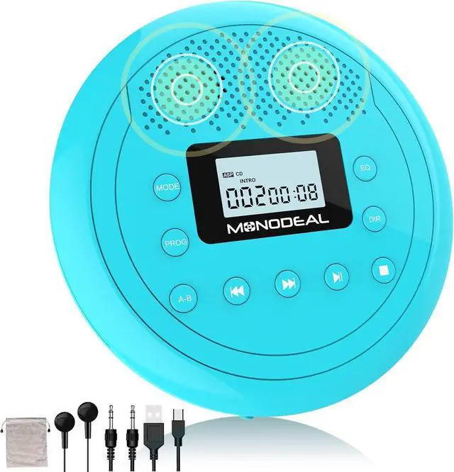 Main image of Monodeal Portable Rechargeable CD Player | Built-in Speaker, Walkman for Car & Home, Kids, Anti-Skip with Headphones (Cyan-Blue)