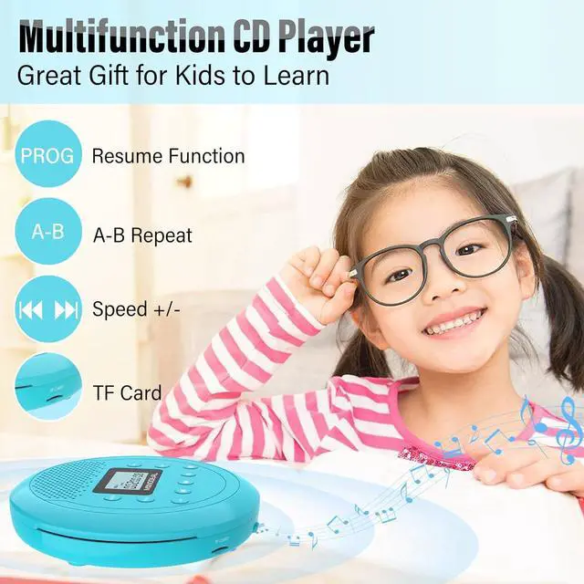 Alt view image 3 of 7 - Monodeal Portable Rechargeable CD Player | Built-in Speaker, Walkman for Car & Home, Kids, Anti-Skip with Headphones (Cyan-Blue)