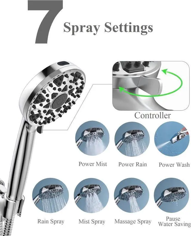 Alt view image 2 of 7 - Shower Head with Handheld High Pressure Multi-Function 7 modes, Built-in Power Wash to Clear Tub, Tile & Pets, 5 High Flow Hand Held Rain Showerhead with Extra Long Hose and Adjustable Bracket