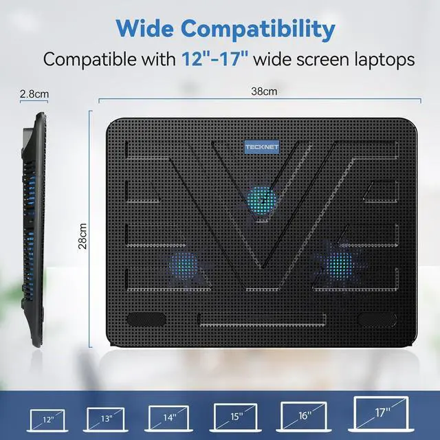 Alt view image 6 of 7 - TECKNET Laptop Cooling Pad, Portable Slim Quiet USB Powered Laptop Notebook Cooler Cooling Pad Stand Chill Mat with 3 Blue LED Fans, Fits 12-17 Inches (Black)