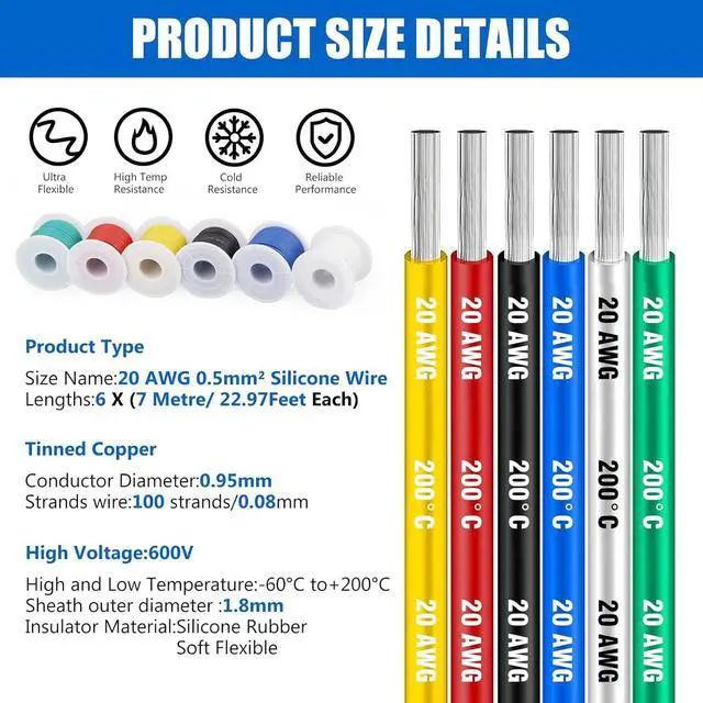 Alt view image 5 of 7 - 20 Gauge Silicone Electrical Wire Cable-HuLuWa 20 AWG Hook up Wire Kit 6 Colors(22.97Feet Each) Stranded Tinned Copper Wire for DIY,Lamps,Household Appliances Ect