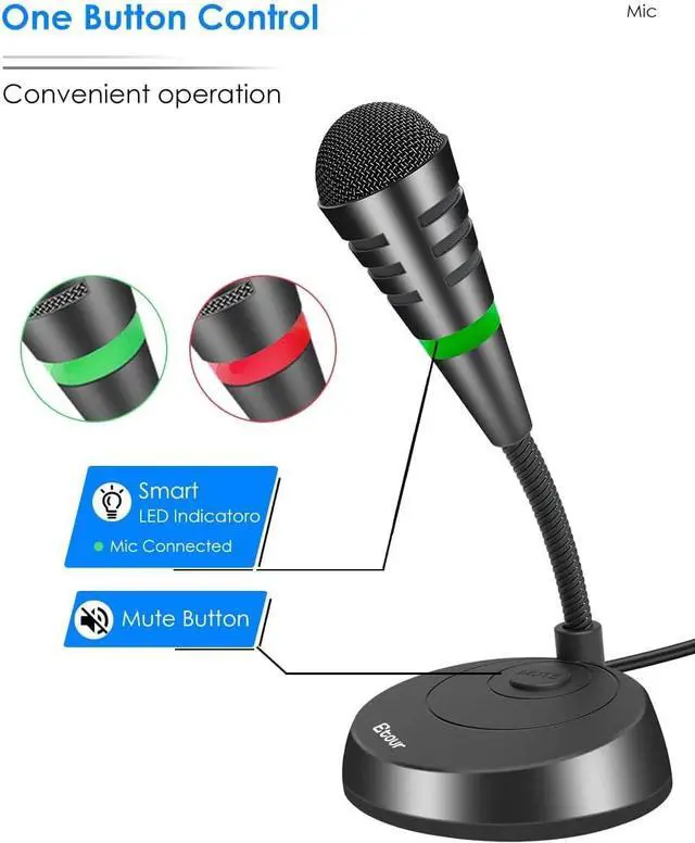 Alt view image 3 of 6 - Mini USB Computer Microphone for Laptop, Plug &Play Desktop Cardioid Condenser External Small Mic, Mute Button with LED Indicator, for Windows/Mac, Skype, Recording, Games/Zoom Meetings/Little