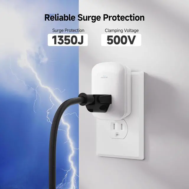 Alt view image 2 of 7 - [ETL Listed] Cable Matters 1350 Joules Single Outlet Surge Protector for TV, PC, Xbox, PS5, Refrigerator, Treadmill, 15A/1875W, 500V Clamping Voltage Wall Surge Protector Outlet, White
