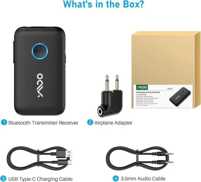 Alt view image 7 of 7 - YMOO Bluetooth 5.3 Transmitter Receiver for TV/Airplane, Supports 2 Headphones/Speaker with AptX Adaptive & Low Latency, 3.5mm Jack Aux HiFi Stereo Wireless Audio Adapter for Flight, Travel, Planes