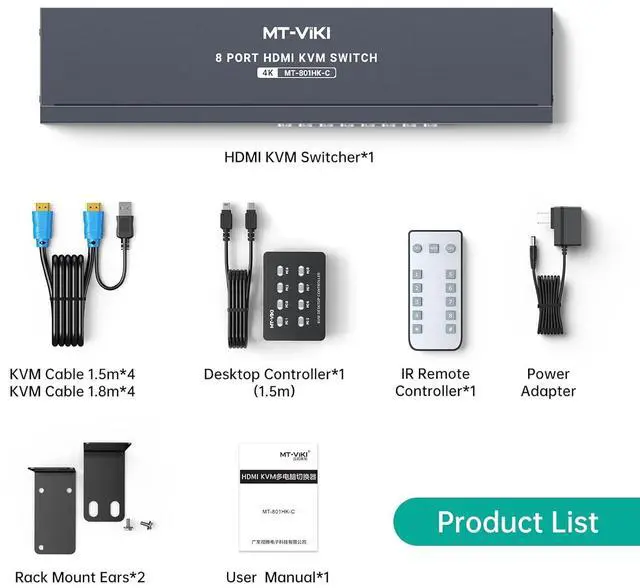 Alt view image 7 of 7 - Ennovor MT-VIKI 8 Port KVM Switch HDMI, 4K@30Hz 1U Rack Mount KVM Switch w/IR Remote & Wire-Desktop Controller & 8 HDMI KVM Cables & Rack Ears & Power Adapter