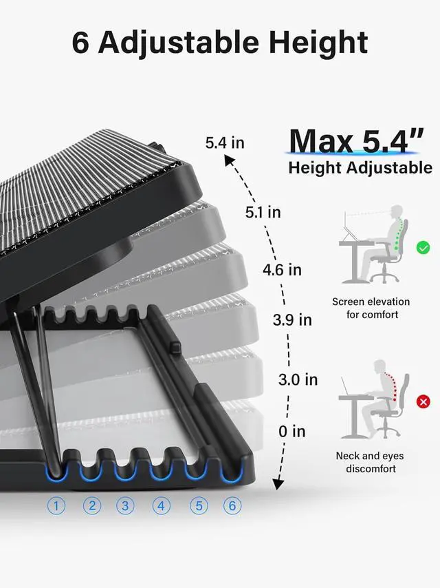 Alt view image 3 of 7 - Kootek Laptop Cooling Pad, Laptop Cooler with 5 Quiet Fans for 12"-17" Computer PC Notebook Gaming Laptop Fan, Height Adjustable Laptop Cooling Stand Laptop Accessories, Blue