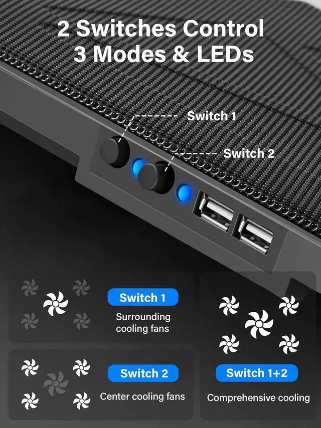 Alt view image 4 of 7 - Kootek Laptop Cooling Pad, Laptop Cooler with 5 Quiet Fans for 12"-17" Computer PC Notebook Gaming Laptop Fan, Height Adjustable Laptop Cooling Stand Laptop Accessories, Blue