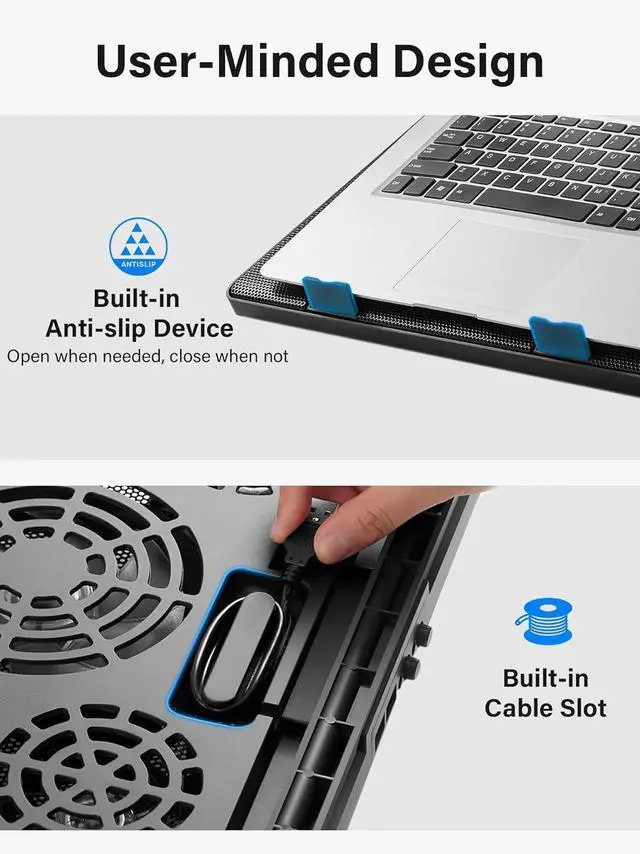 Alt view image 5 of 7 - Kootek Laptop Cooling Pad, Laptop Cooler with 5 Quiet Fans for 12"-17" Computer PC Notebook Gaming Laptop Fan, Height Adjustable Laptop Cooling Stand Laptop Accessories, Blue
