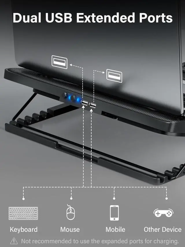 Alt view image 6 of 7 - Kootek Laptop Cooling Pad, Laptop Cooler with 5 Quiet Fans for 12"-17" Computer PC Notebook Gaming Laptop Fan, Height Adjustable Laptop Cooling Stand Laptop Accessories, Blue