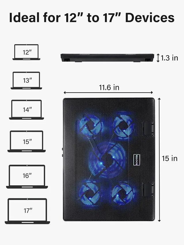 Alt view image 7 of 7 - Kootek Laptop Cooling Pad, Laptop Cooler with 5 Quiet Fans for 12"-17" Computer PC Notebook Gaming Laptop Fan, Height Adjustable Laptop Cooling Stand Laptop Accessories, Blue