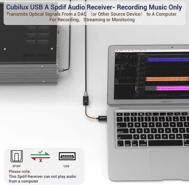 Alt view image 2 of 6 - Cubilux USB A SPDIF Input Adapter for PC [Stereo Recording ONLY, NOT for Playing Audio] USB Optical Line-in Dongle, Toslink to USB Receiver, USB A SDPIF RX Interface Suitable for Laptop Computer