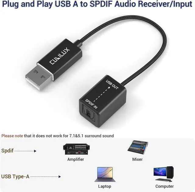 Alt view image 4 of 6 - Cubilux USB A SPDIF Input Adapter for PC [Stereo Recording ONLY, NOT for Playing Audio] USB Optical Line-in Dongle, Toslink to USB Receiver, USB A SDPIF RX Interface Suitable for Laptop Computer