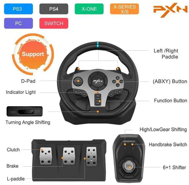 Alt view image 2 of 7 - PXN V9 Gaming Steering Wheel, 270°&900°, with Pedals and Shifter, Racing Wheel for Xbox, PC, PS4, PS3, Switch