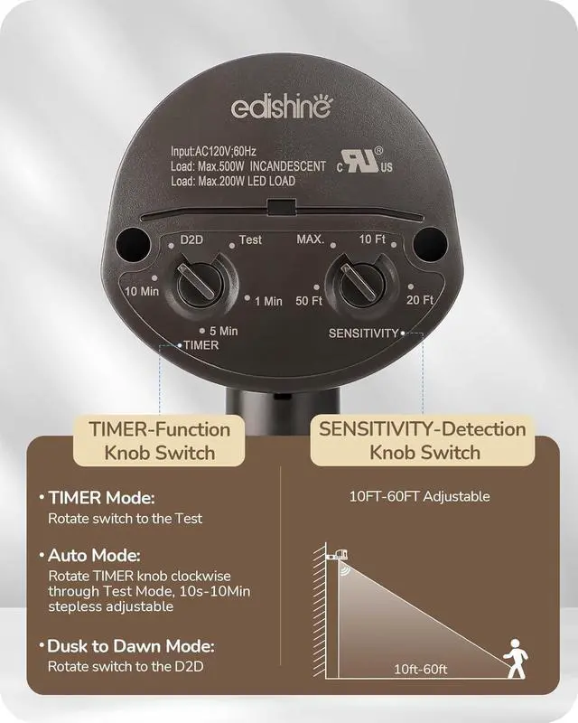Alt view image 3 of 7 - EDISHINE Motion Sensor, 180-Degree Replacement Motion Detector for Security Floodlights, Adjustable Time & Detection Sensitiity Range Up to 60 Feet, 3 Modes Pir Motion Sensor, Brown, UL Listed
