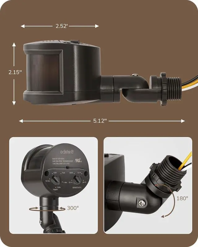 Alt view image 6 of 7 - EDISHINE Motion Sensor, 180-Degree Replacement Motion Detector for Security Floodlights, Adjustable Time & Detection Sensitiity Range Up to 60 Feet, 3 Modes Pir Motion Sensor, Brown, UL Listed