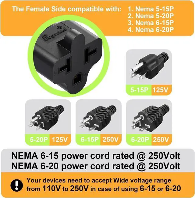 Alt view image 3 of 7 - Four-in-One 15 Amp to 20 Amp T Blade Adapter - 5-15P to 5-20R/6-15R/6-20R AC Power Adapter, 15A 125V to 20A 250V (5 Pack)