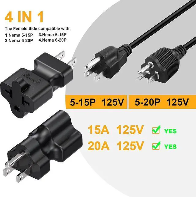 Alt view image 4 of 7 - Four-in-One 15 Amp to 20 Amp T Blade Adapter - 5-15P to 5-20R/6-15R/6-20R AC Power Adapter, 15A 125V to 20A 250V (5 Pack)