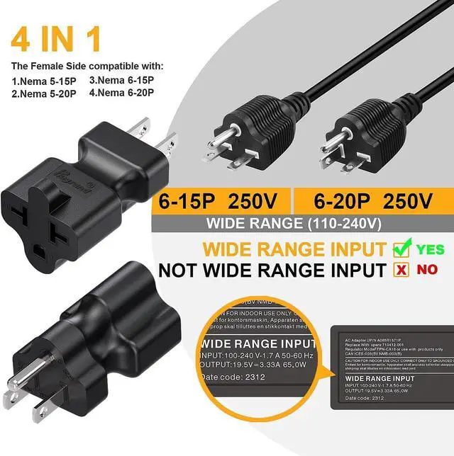 Alt view image 5 of 7 - Four-in-One 15 Amp to 20 Amp T Blade Adapter - 5-15P to 5-20R/6-15R/6-20R AC Power Adapter, 15A 125V to 20A 250V (5 Pack)