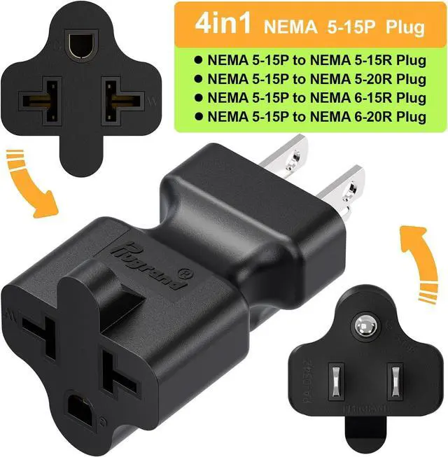 Alt view image 6 of 7 - Four-in-One 15 Amp to 20 Amp T Blade Adapter - 5-15P to 5-20R/6-15R/6-20R AC Power Adapter, 15A 125V to 20A 250V (5 Pack)