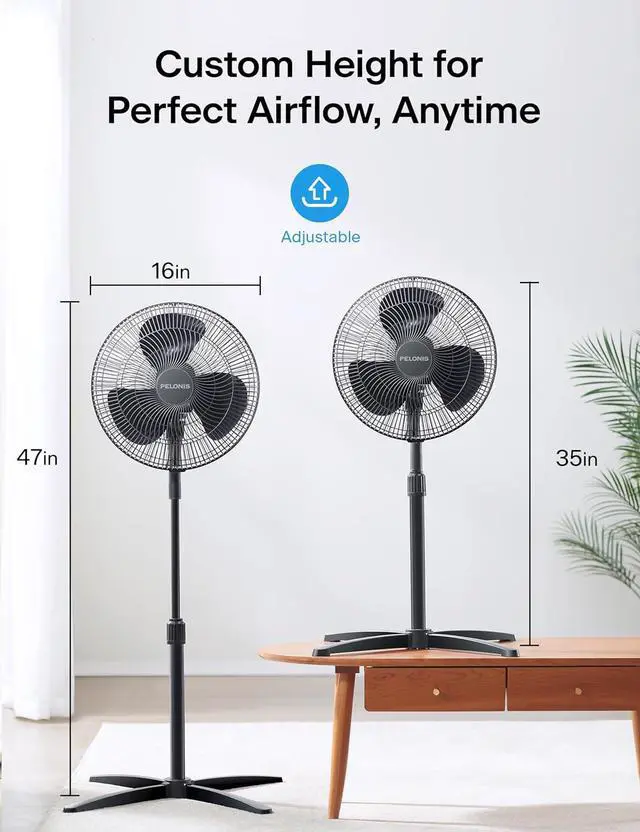 Alt view image 2 of 7 - PELONIS 16 inch Pedestal Fan for Bedroom , Oscillating Fan, 3-Speeds, 90° Oscillation, Adjustable Height, Floor Fan, Standing Fan for Living Room, Kitchen, and Home office, Black