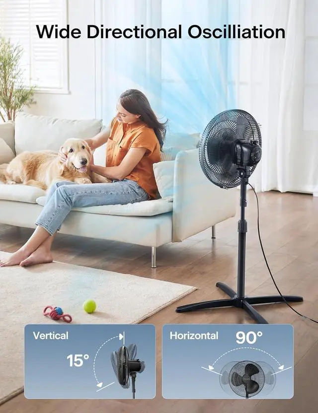 Alt view image 4 of 7 - PELONIS 16 inch Pedestal Fan for Bedroom , Oscillating Fan, 3-Speeds, 90° Oscillation, Adjustable Height, Floor Fan, Standing Fan for Living Room, Kitchen, and Home office, Black