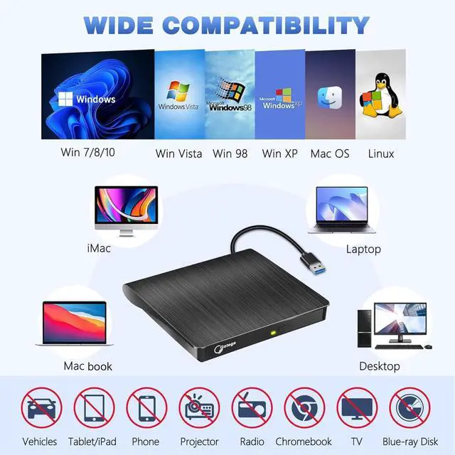 Alt view image 4 of 7 - Gotega External DVD Drive, USB 3.0 Portable +/-RW, DVD Player for CD ROM Burner Compatible with Laptop Desktop PC Windows Linux OS Apple Mac Black