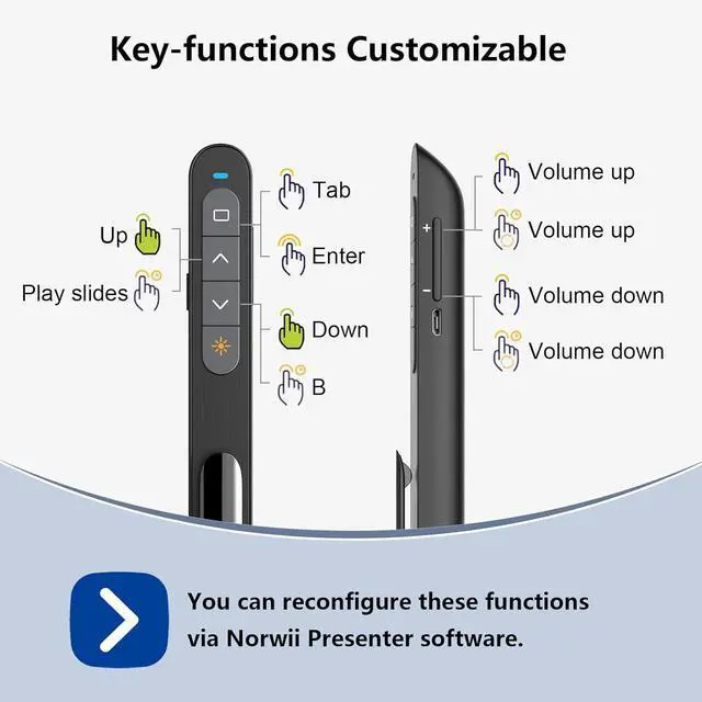 Alt view image 5 of 7 - Norwii N76 Rechargeable Presentation clicker with Pointer, Long Range Presentation Remote, Wireless Presenter for PowerPoint Presentations, Slide Control (Black with Green Light)