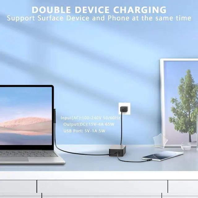 Alt view image 7 of 7 - 65W Surface Pro Laptop Charger Fits for Microsoft Surface Pro 7,6,8,9,6,5,4,3,7+,X,10,Windows Surface Laptop 6,5,4,3,2,1,Surface Go Tablet,Surface Book 3,2,1,44W,36W,LED,10FT Cable Charge Anywhere