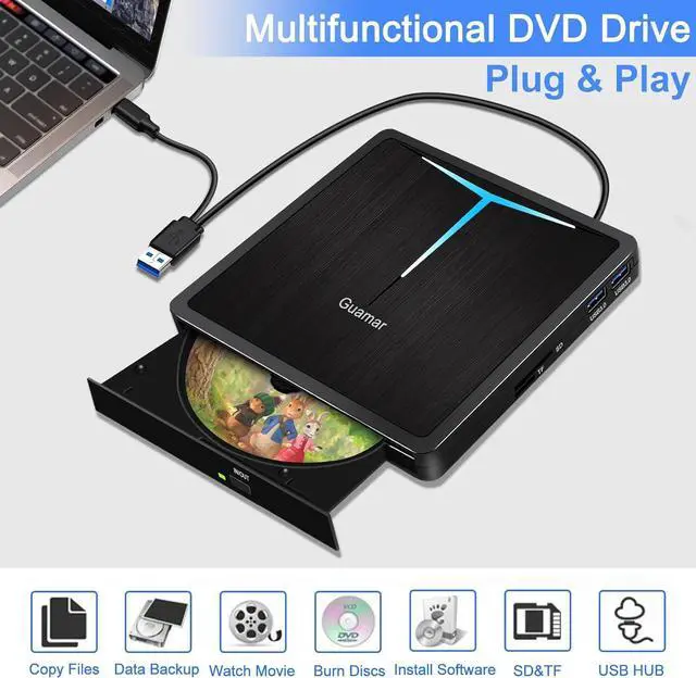 Alt view image 2 of 7 - Guamar External CD/DVD Drive for Laptop, USB 3.0 USB-C DVD Player CD Burner with 2 USB Ports SD TF Slot, Portable CD DVD ROM Drive Disk Reader Writer for PC Mac MacBook Windows 11 Linux
