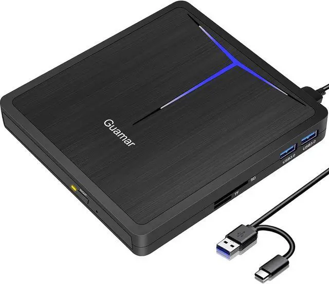 Main image of Guamar External CD/DVD Drive for Laptop, USB 3.0 USB-C DVD Player CD Burner with 2 USB Ports SD TF Slot, Portable CD DVD ROM Drive Disk Reader Writer for PC Mac MacBook Windows 11 Linux