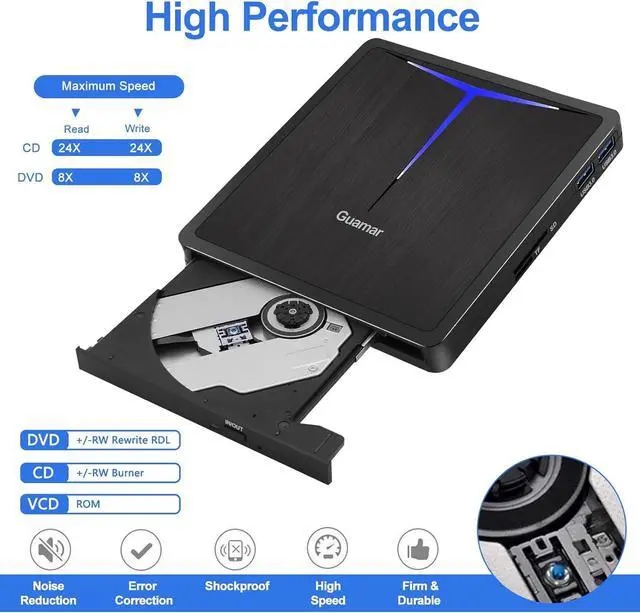 Alt view image 3 of 7 - Guamar External CD/DVD Drive for Laptop, USB 3.0 USB-C DVD Player CD Burner with 2 USB Ports SD TF Slot, Portable CD DVD ROM Drive Disk Reader Writer for PC Mac MacBook Windows 11 Linux
