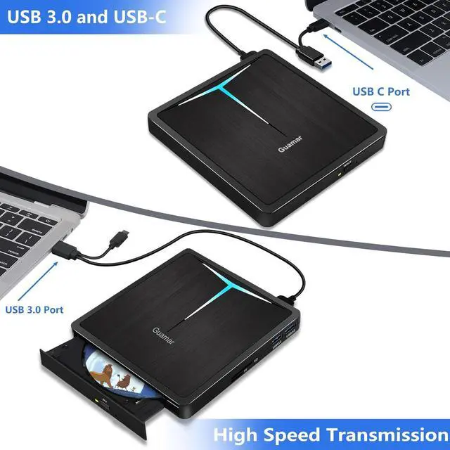 Alt view image 4 of 7 - Guamar External CD/DVD Drive for Laptop, USB 3.0 USB-C DVD Player CD Burner with 2 USB Ports SD TF Slot, Portable CD DVD ROM Drive Disk Reader Writer for PC Mac MacBook Windows 11 Linux