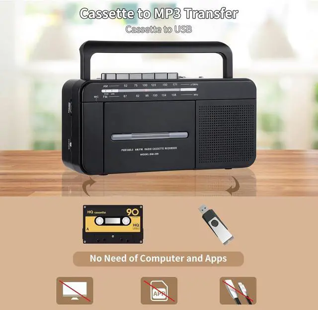 Alt view image 3 of 7 - Boombox MP3 Conversion Cassette Tape Player Recorder AM FM Radio, Cassette to MP3 Digital Converter, USB Recording, Built-in Microphone, Big Speaker and Earphone Jack by AC or C Batteries