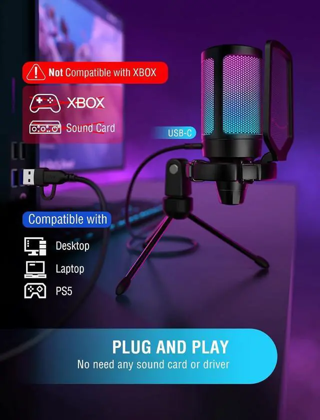 Alt view image 6 of 7 - FIFINE Gaming USB Microphone for PC PS5, Condenser Mic with Quick Mute, RGB Indicator, Tripod Stand, Pop Filter, Shock Mount, Gain Control for Streaming Discord Twitch Podcasts Videos- AmpliGame
