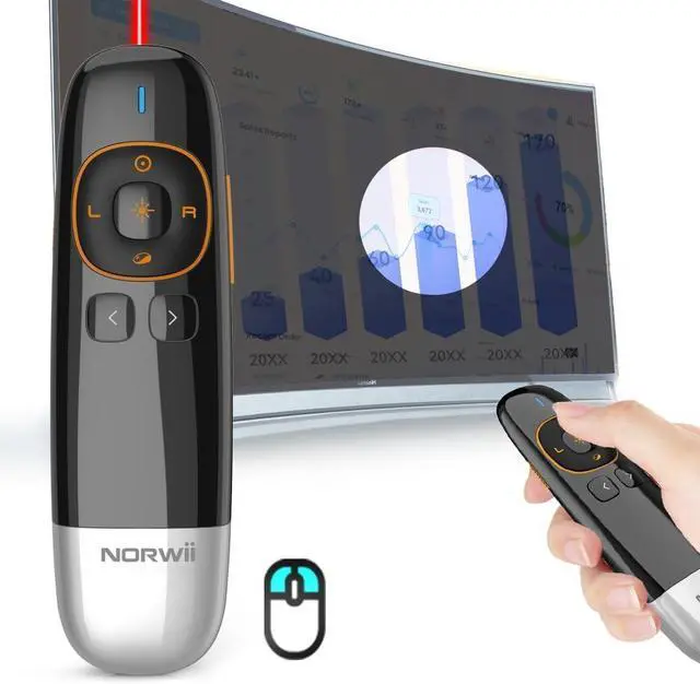 Main image of Norwii N86s Ergonomic Wireless Presenter Clicker for LED LCD TV Screen with Digital Pointer, Air Mouse Presentation Clicker for PowerPoint, Presenter clicker with Highlighting Magnify -50M