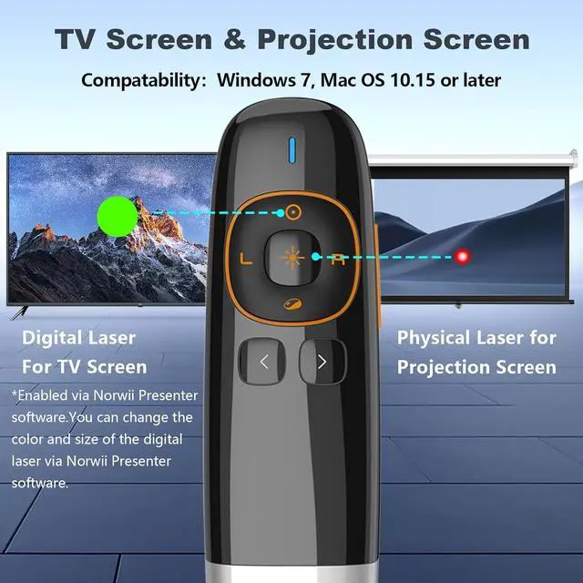 Alt view image 2 of 7 - Norwii N86s Ergonomic Wireless Presenter Clicker for LED LCD TV Screen with Digital Pointer, Air Mouse Presentation Clicker for PowerPoint, Presenter clicker with Highlighting Magnify -50M