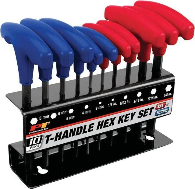 Main image of Performance Tool W80277 10-Piece SAE & MetricT-Handle Allen Wrench Set, Long Arm Hex Key Wrench Set