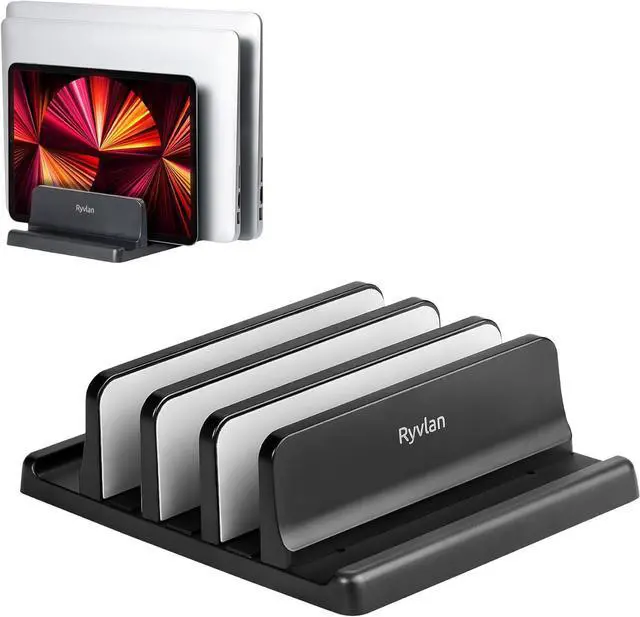 Main image of Vertical Laptop Stand, 3 Slot Adjustable Laptop Storage Rack and Desk Organizer, Silicone-Padded Holder for Multiple Devices Storage, Compatible Stand for Tablets and Devices up to 17 Inches