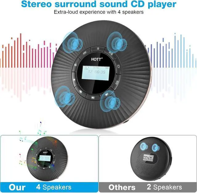 Alt view image 2 of 7 - HOTT CD Player Portable with 4 Speakers Portable CD Player with 5.3 Bluetooth and FM Transmitter with Big LCD Screen Rechargeable 1800mAh Small CD Players with Headphones for Car Home Travel
