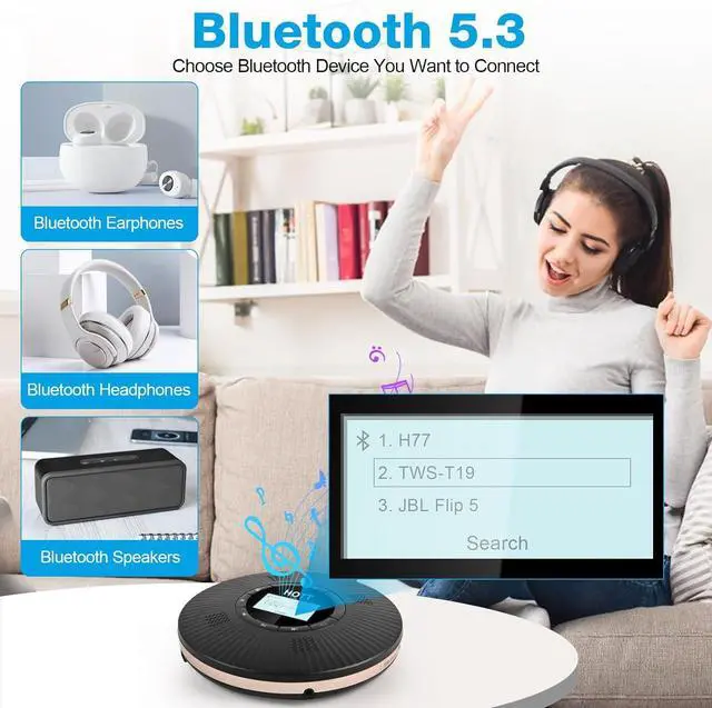 Alt view image 3 of 7 - HOTT CD Player Portable with 4 Speakers Portable CD Player with 5.3 Bluetooth and FM Transmitter with Big LCD Screen Rechargeable 1800mAh Small CD Players with Headphones for Car Home Travel
