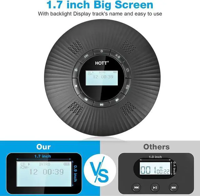 Alt view image 6 of 7 - HOTT CD Player Portable with 4 Speakers Portable CD Player with 5.3 Bluetooth and FM Transmitter with Big LCD Screen Rechargeable 1800mAh Small CD Players with Headphones for Car Home Travel