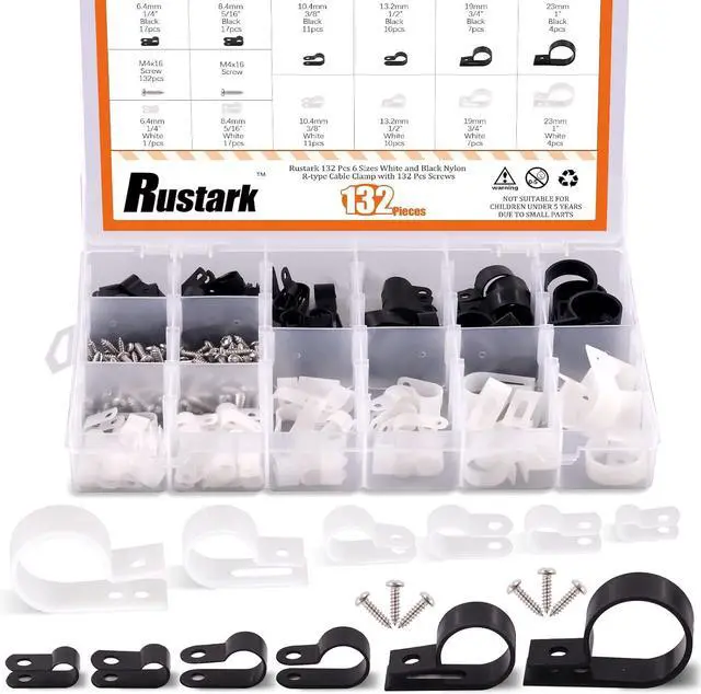 Main image of 132 Pcs 6 Sizes White and Black Nylon R-Type Cable Clamp Cable Organizer Cord Fasteners Screw Mounting Electrical Grip Wire Clips with 132 Pcs Screws for Wire Management (Black and White)
